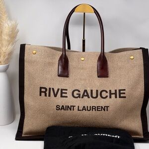 💯 Authentic SAINT LAURENT Linen Calfskin Rive Gauche Tote Natural